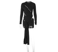 WEITING Mini Abito Sexy Scollato Nero per Abiti da Donna Autunno Nuovo Abito Aderente a Maniche Lunghe con Scollo a O Manica Lunga Vestido-Black,L