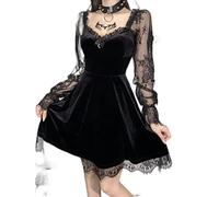 WEITING New Gothic Lolita Girl Abito in Velluto con Bordi in Pizzo Abito da Donna Prospettiva Sexy Manica Lunga con Scollo a V Abito Mini Vestito Cosplay Costume da Festa-Nero,S