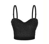 WEITING Nuovo Gilet Reggicalze Sexy Europeo e Americano Fatto a Mano con Perle di Perline Che scopre l'ombelico, Top Super Corto con Reggicalze - Nero - XL