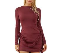 WEITING Primavera e Autunno Miniabito Slim da Donna Manica Lunga Scollo a Barca Fiore 3D Tinta Unita Abito con Volant Club Wear-Rosso-S