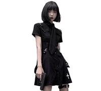 WEITING Punk Gotico Harajuku Estate Mini Abito Nero Camicia Donna Manica Corta Goth Nero Scuro E Cravatta,M