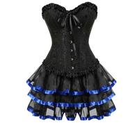 WEITING Satin Lace Trim Overbust Corset Dresses Dancer Showgirl Barlesque Corsets and Bustiers Lingerie Tops for Women Skirt Tutu Set-Style-B Blue-S
