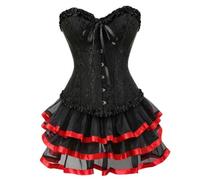 WEITING Satin Lace Trim Overbust Corset Dresses Dancer Showgirl Barlesque Corsets and Bustiers Lingerie Tops for Women Skirt Tutu Set-Style-B Red-S