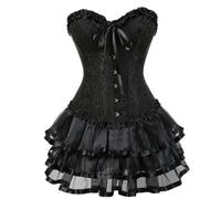 WEITING Satin Lace Trim Overbust Corset Dresses Dancer Showgirl Barlesque Corsets and Bustiers Lingerie Tops for Women Skirt Tutu Set-Style-B Black-S