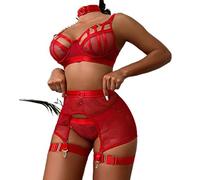 WEITING Sexy Hot Lingerie Luxury Hollow Out Set Con Giarrettiere Mezza CupBra Biancheria Intima Donne Set-Rosso, XL