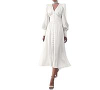 WEITING Sexy V collare monopetto abito donna primavera autunno vintage lungo raso abiti elegante lanterna manica donna party-bianco, M