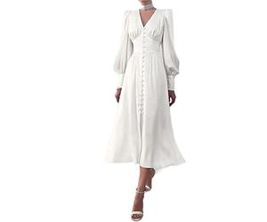 WEITING Sexy V collare monopetto abito donna primavera autunno vintage lungo raso abiti elegante lanterna manica donna party-bianco, M