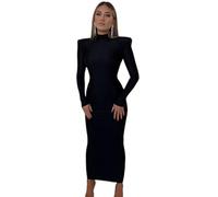 WEITING Spalla Imbottita Manica Lunga Aderente Verde Party Club Maxi Abito Lungo Primavera Autunno Donne Moda Eleganti Vestiti-Nero, L