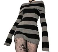 WEITING Y2K Maglione a Righe Mini Abito Mall Goth Grunge Emo Aderente Chic Donna Spalle Scoperte Manica Intera Abiti Slim Fit Anni '00 Vintage-Nero-S