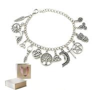 WEIWOGU Bracciale con ciondoli vintage da strega, catena a maglie regolabile in tono argento con albero celtico della vita, Triquetra, Luna, gufo pentacolo, piuma del sole, braccialetto