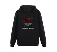 Weixiu Saxon 'Denim And Leather' Men Long Sleeve Hoody with Pocket Sweatershirt, Hooded Black S