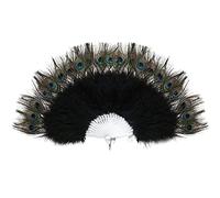 WEKONUMEX Ventilatore Portatile Pieghevole, Ventaglio Pieghevole in Piuma di Pavone da Tenere in Mano for spettacoli di Danza in Costume, Feste di Nozze, Nero