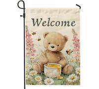 Welcome Bear Cute Brown Teddy With Honey Bees And Flowers Bandiere Colore Vivido Bandiere Verticale Robuste Bandiera Per Portico Feste Cortile 30X45Cm
