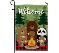 Welcome Bears Bandiera da giardino con falò, decorazione per esterni con fauna selvatica della foresta, bandiera da cortile in iuta su entrambi i lati, decorazione per la casa autunnale, 30,5 x 45,7
