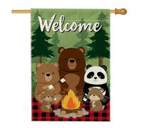 Welcome Bears Bandiera da giardino con falò, decorazione per esterni con fauna selvatica della foresta, bandiera da cortile in iuta su entrambi i lati, decorazione per la casa autunnale, 71 x 101 cm
