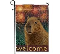 Welcome Capybara - Bandiera da giardino con fuochi d'artificio, decorazione colorata per esterni per celebrazioni festive, striscione in iuta su entrambi i lati per la decorazione del prato 30,5 x