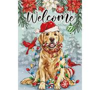 Welcome Christmas Golden Retriever Dog Xmas Cardinal Poinsettia Bandiere Verticale Resistente Alle Intemperie Flag Durevole Bandiera Da Giardino Per Balcone Prato Casa 30X45Cm