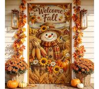 Welcome Fall Harvest Spaventapasseri Autunno Coperture per porte 91,4 x | Paesaggio rustico della fattoria, striscione del portico, mais e zucche del raccolto, tavolozza di colori caldi dell'autunno