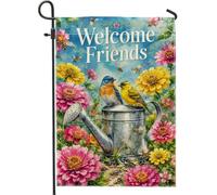 Welcome Friends - Bandiera da giardino con uccelli canori ad acquerello | Uccelli blu e gialli, bandiera del prato, annaffiatoio in metallo, fiori di zinnia vivaci, api amichevoli
