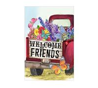 Welcome Friends Spring Old Red Truck Flower Butterfly Bandiera Da Giardino Resistente Alle Intemperie Bandiera Colore Vivido Bandiere Verticale Per Cortile Portico Balcone 30X45Cm