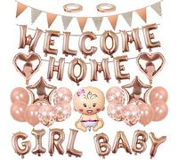 Welcome Home Banner Baby Girl Palloncino Ghirlanda a forma di cuore, stella in pellicola, palloncini in oro rosa, con paillette, palloncini di benvenuto a casa, ragazze, palloncini a elio, set per