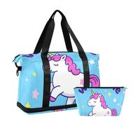 Welcome Home - Borsone da viaggio con unicorni in stile cartone animato, borsone da viaggio per weekender/pernottamento con borsa da toeletta per viaggio, set da 2 pezzi, Benvenuto a casa carino