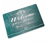 Welcome Please Remove Your Shoes Zerbino per ingresso interno ed esterno, tappeto porta ingresso per ingresso, basso chiave, tappetino di benvenuto, garage, cortile, pala da neve, 45 x 50 cm, verde