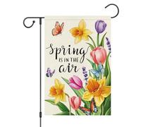 Welcome Seasonal Spring Is In The Flower Daffodil Tulip Butterfly Flag Resistente Alle Intemperie Bandiera Da Giardino Colore Vivido Bandiera Per Interno Balcone Prato 30X45Cm