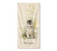 Welcome Siberian Husky Floral Door Cover, Cute Dog Art Decor Front Door Banners, Primavera Outdoor Indoor Welcome Sign 91 x 183 cm