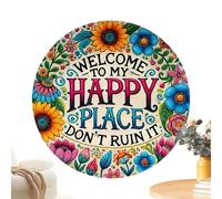 Welcome Sign For Front Door - Aluminum 19.8x19.8cm | Vintage “Welcome To My Happy Place” Metal Wall Sign With Funny Don’t Ruin It Quote | Retro 2D Home Decor For Porch, Garden, And Indoor Display