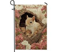 Welcome Spring Cute Squirrel Family Flower Bandiere Colore Vivido Flag Resistente Alle Intemperie Bandiera Per Prato Decorazione Balcone 30X45Cm