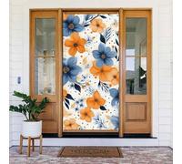 Welcome Spring Door Cover Large Hanging Banner Fiori blu e arancioni su sfondo bianco Benvenuto Portico Segno Francese Privacy Porta Finestra Tende Fotografia Sfondo Stagionale Decorazione esterna