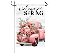 Welcome Spring Pink Truck Vintage Pickup With Flowers Spring Bandiere Verticale Resistente Alle Intemperie Flag Colore Vivido Bandiera Da Giardino Per Festival Casa Balcone 30X45Cm