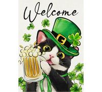 Welcome St Patricks Day Black White Cat Kitty Kitten Green Hat Shamrock Clover Bandiere Resistente Alle Intemperie Bandiera Durevole Bandiera Da Giardino Per Balcone Cortile Decorazione 30X45Cm