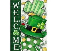 Welcome St Patricks Day Shamrock Clover Green Hat Polka Dot Stripe Gold Bandiera Resistente Alle Intemperie Flag Colore Vivido Bandiere Per Casa Balcone Decorazione 30X45Cm