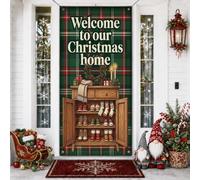 Welcome to our Christmas Home - Coperture in legno per ante di armadietti | Sfondo scozzese rustico, striscione per porta d'ingresso, decorazione accogliente per ingresso, espositore per calze