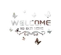 Welcome to Our Home - Adesivi da parete in acrilico a specchio, lettere con farfalla e vite, decalcomanie da parete rimovibili, per soggiorno, porta, portico (argento)
