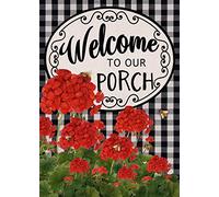 Welcome To Our Porch Geranium Spring Summer Red Flower Black White Buffalo Plaid Check Bandiere Verticale Resistente Alle Intemperie Bandiera Da Giardino Durevole Bandiera Per Balcone 30X45Cm