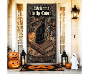 Welcome To The Coven - Copertura per porta a forma di gatto, con citazione | Tema gotico della stregoneria, striscione per porta d'ingresso, illustrazione spettrale del libro degli incantesimi