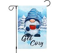Welcome Winter Gnome Get Cozy Blue Coffee Pine Trees Bandiere Colore Vivido Bandiere Verticale Doppia Faccia Bandiera Per Casa Interno Festival 30X45Cm