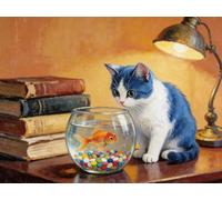 WELIWE Kit per Punto Croce PrestampatoPunto Croce Fai da Te Kit da Ricamo Counted per Principianti Home Decor Gatto in una boccia per pesci 40x50 cm