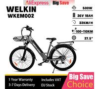 WELKIN WKEM002 Ebike 500W 36V18Ah Città Pendolarismo Bicicletta Elettrica 27.5 "Pneumatico Con Cestino Anteriore Viaggio Per Adulti Equitazione Bici Elettrica Silver 500W 36V 15Ah