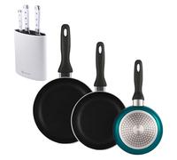 Well Home Set di 3 padelle Ø16Ø20Ø24 cm in alluminio pressato in blu metallizzato+set di 3 coltelli in acciaio inox + tassello di colore bianco