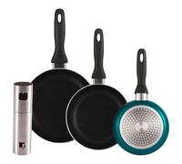Well Home Set di 3 padelle Ø16Ø20Ø24cm in alluminio pressato in blu metallizzato+spruzzatore di olio e aceto Ø4x17,5cm in acciaio inossidabile