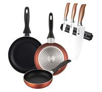 Well Home Set di 3 padelle Ø16Ø20Ø24cm in alluminio pressato in rame metallizzato+Set di 3 coltelli in acciaio inossidabile con supporto magnetico per la coppia