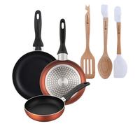 Well Home Set di 3 padelle Ø16Ø20Ø24cm in alluminio pressato in rame metallizzato+Set di 3 utensili da cucina in silicone e legno