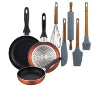 Well Home Set di 3 padelle Ø16Ø20Ø24cm in alluminio pressato in rame metallizzato+Set di 5 utensili da cucina in silicone e legno di acacia