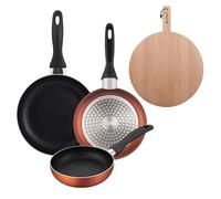Well Home Set di 3 padelle Ø16Ø20Ø24cm in alluminio pressato in rame metallizzato+Tagliere rotondo 38x28x1,5cm in legno di faggio