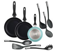Well Home Set di 3 padelle Ø16Ø20Ø24cm in alluminio stampato blu opaco + 6 utensili da cucina in PBT colore nero