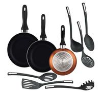 Well Home Set di 3 padelle Ø16Ø20Ø24cm in alluminio stampato bronzo metallizzato + 6 utensili da cucina in PBT colore nero